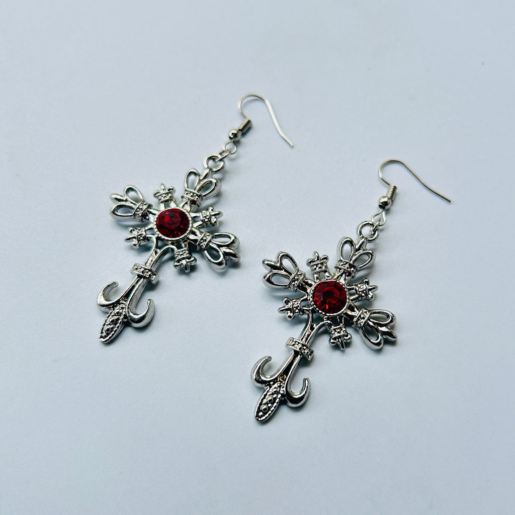 trending red stone cross earrings set