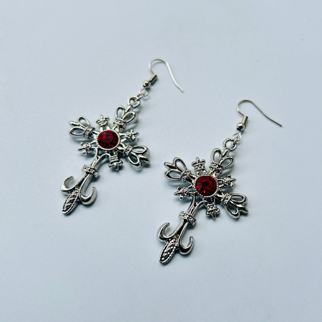 trending red stone cross earrings set