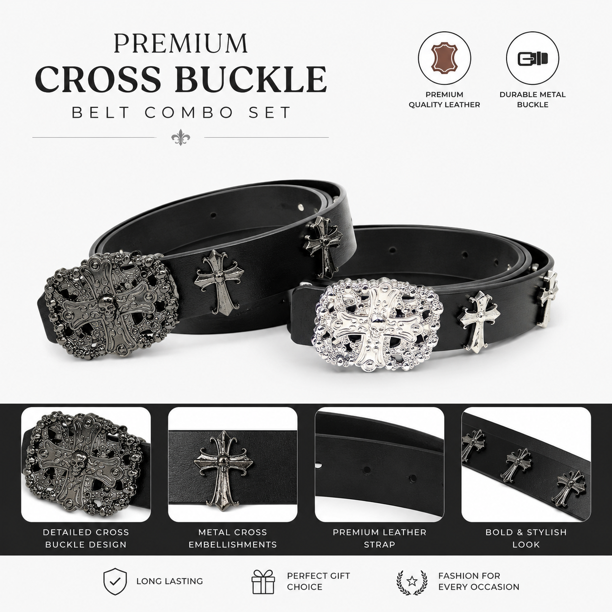Vintage Gothic Leather Belt Combo – Black & Silver Cross Buckle Collection