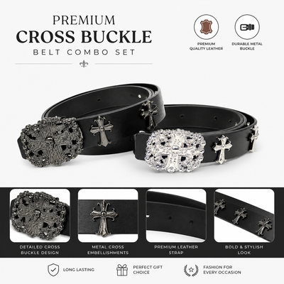 Vintage Gothic Leather Belt Combo – Black & Silver Cross Buckle Collection