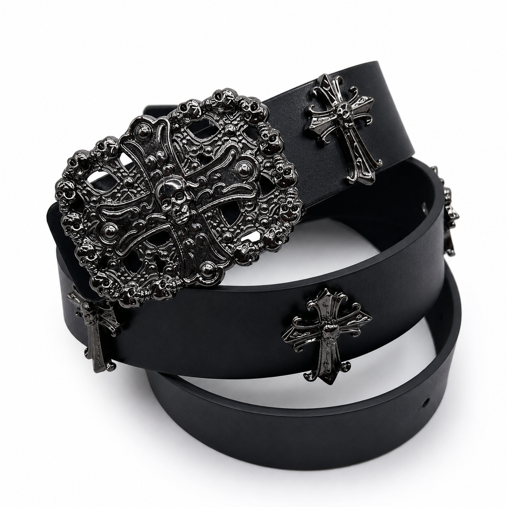 Premium Black Gothic Skull Cross Buckle Leather Belt for Men & Women