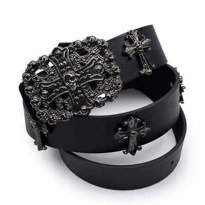 Premium Black Gothic Skull Cross Buckle Leather Belt for Men & Women