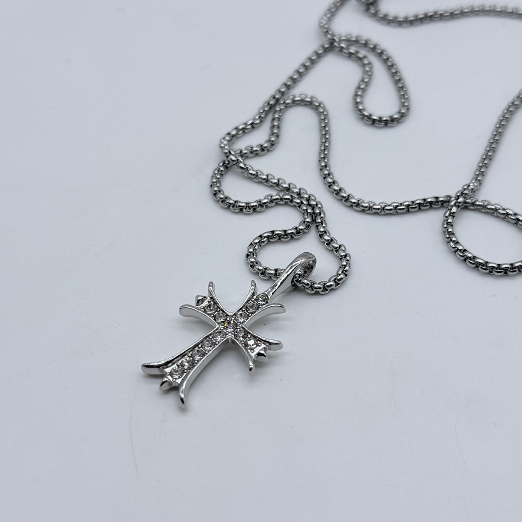 Iced Gothic Cross Pendant Necklace – Silver Crystal Cross Chain