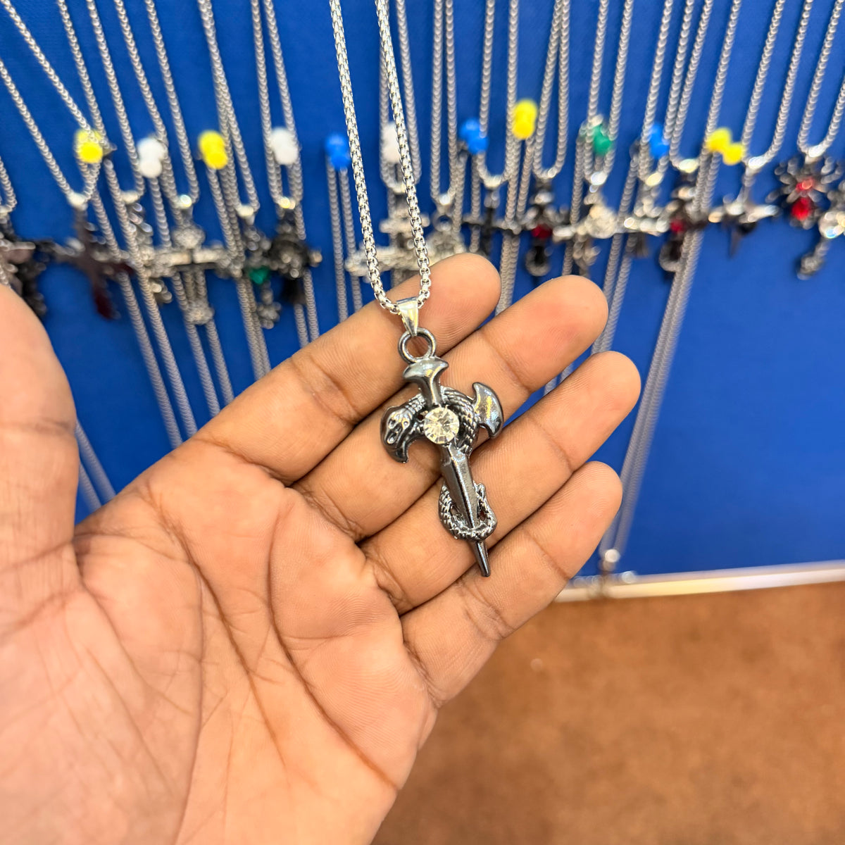 6 piece- w stone snake pendant with chain