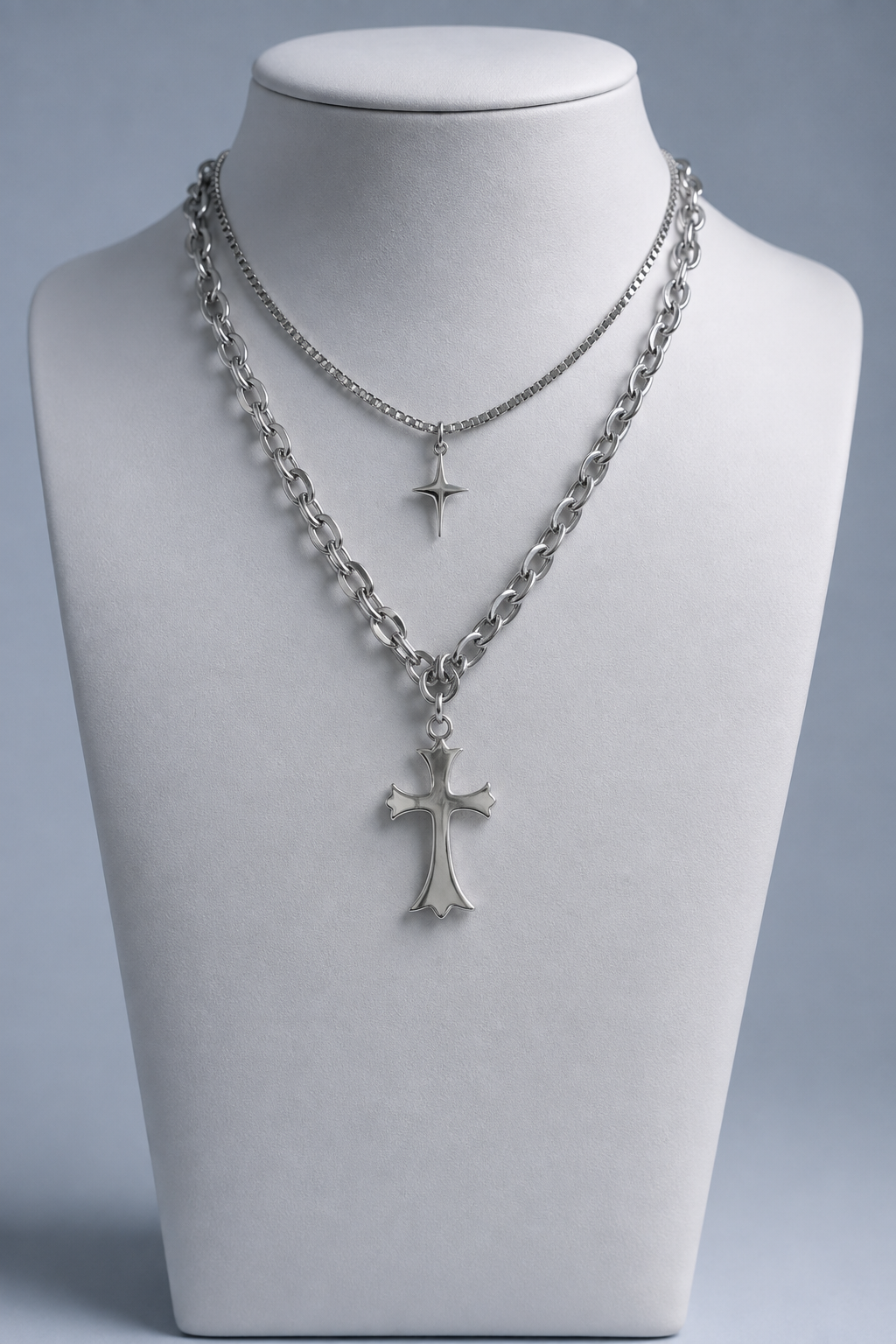 Chrome Cross & Star Layered Necklace