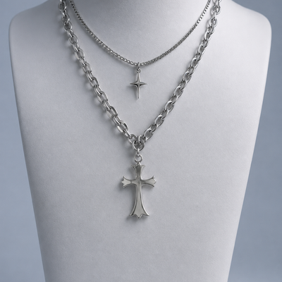 Chrome Cross & Star Layered Necklace