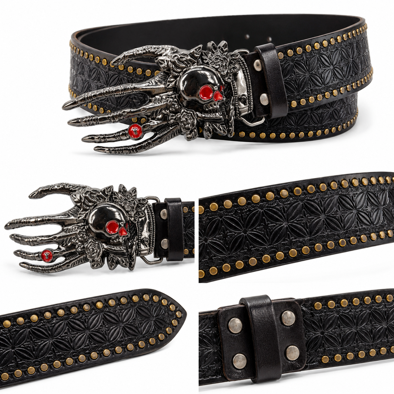 Death Grip Skeleton Hand Skull Buckle Studded Belt for Men | Gothic Statement Belt