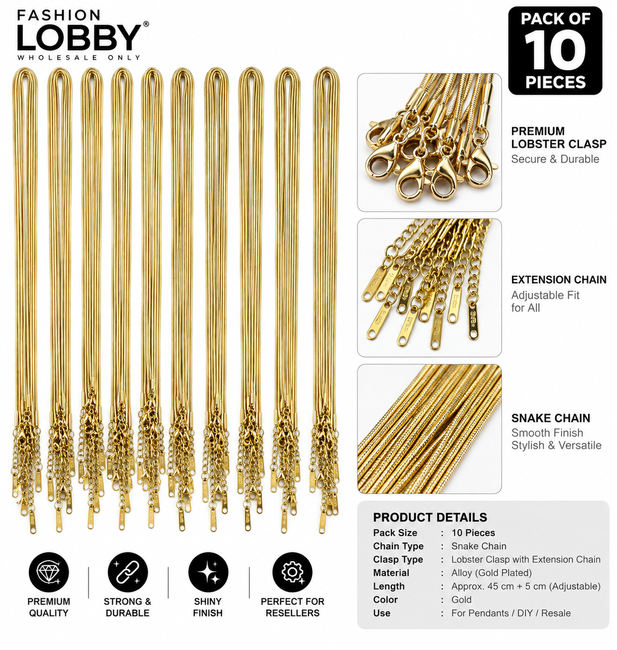Premium gold snake chain pack of 10