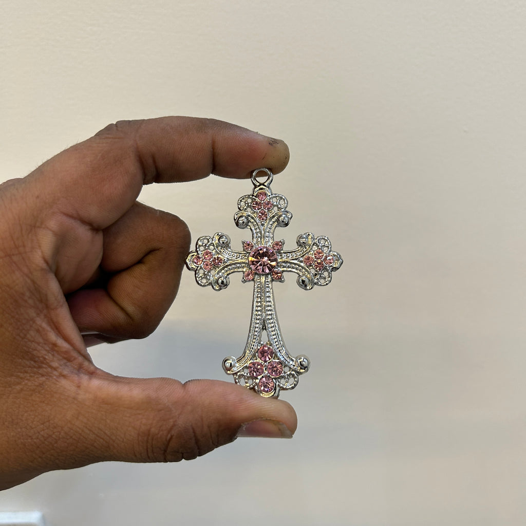 Silver plating pink stone big queen cross