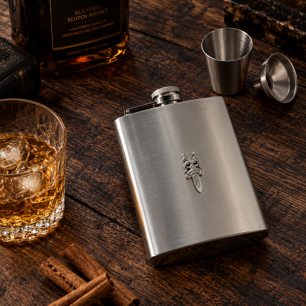 Premium Stainless Steel Dagger Emblem Flask | 6oz Pocket Flask