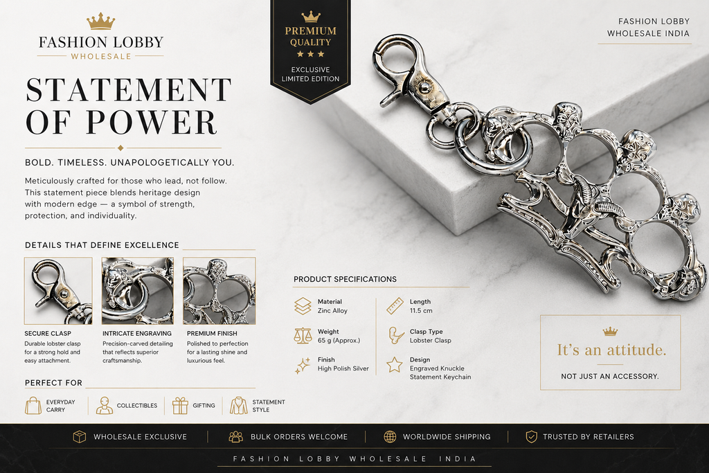 Fashion Lobby Premium Engraved Silver Knuckle Statement Keychain – Luxury Streetwear EDC Accessory with Heavy Duty Lobster Clasp