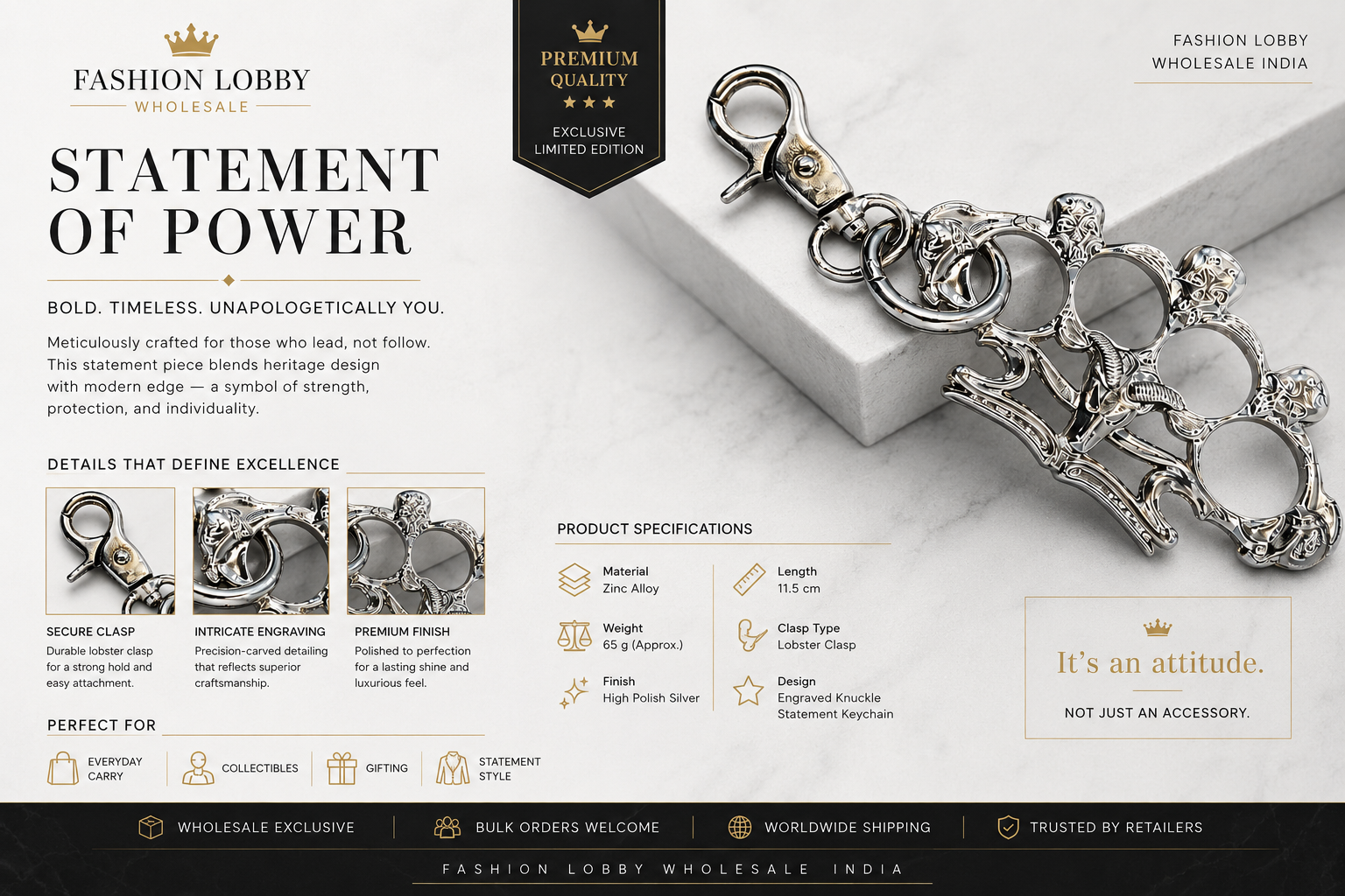 Fashion Lobby Premium Engraved Silver Knuckle Statement Keychain – Luxury Streetwear EDC Accessory with Heavy Duty Lobster Clasp