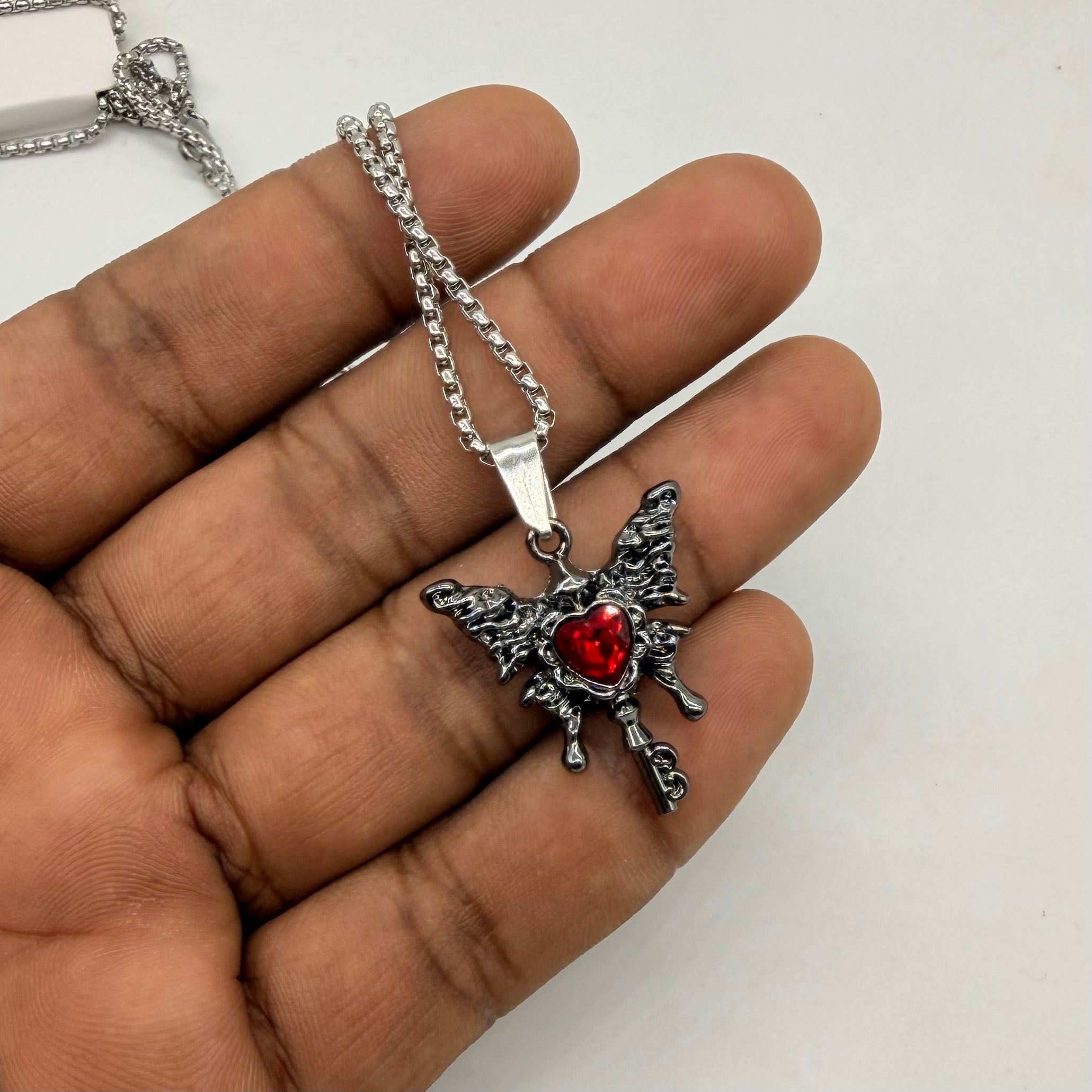 Gothic Angel Wing Heart Key Red Crystal Pendant Necklace with Stainless Steel Chain | Vintage Punk Jewelry