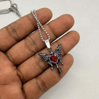 Gothic Angel Wing Heart Key Red Crystal Pendant Necklace with Stainless Steel Chain | Vintage Punk Jewelry