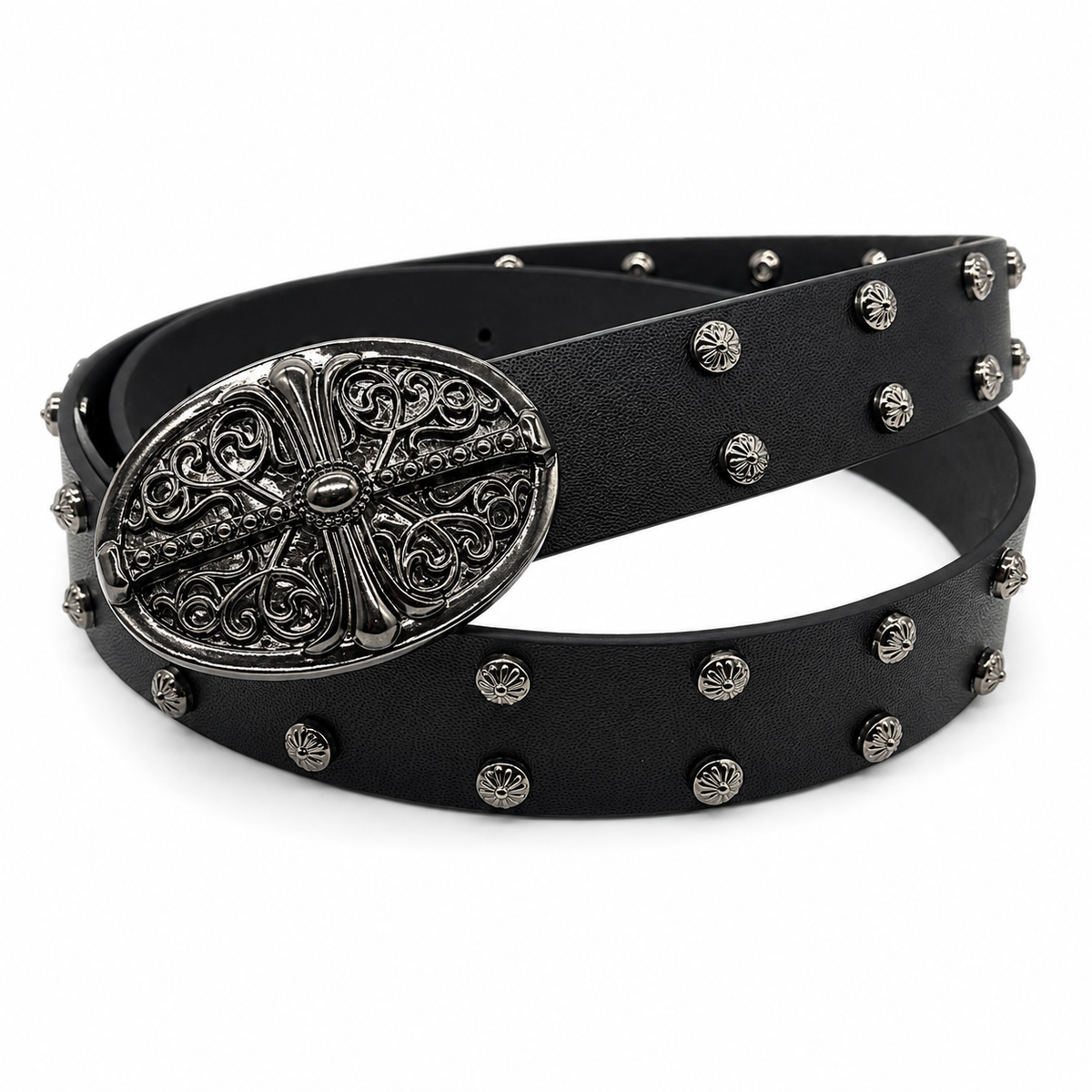 Black - Gothic Floral Studded Belt 100% Pure Leather