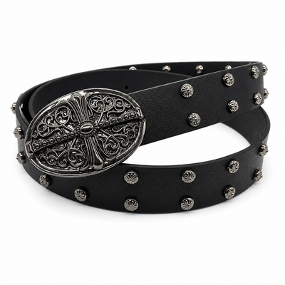 Black - Gothic Floral Studded Belt 100% Pure Leather