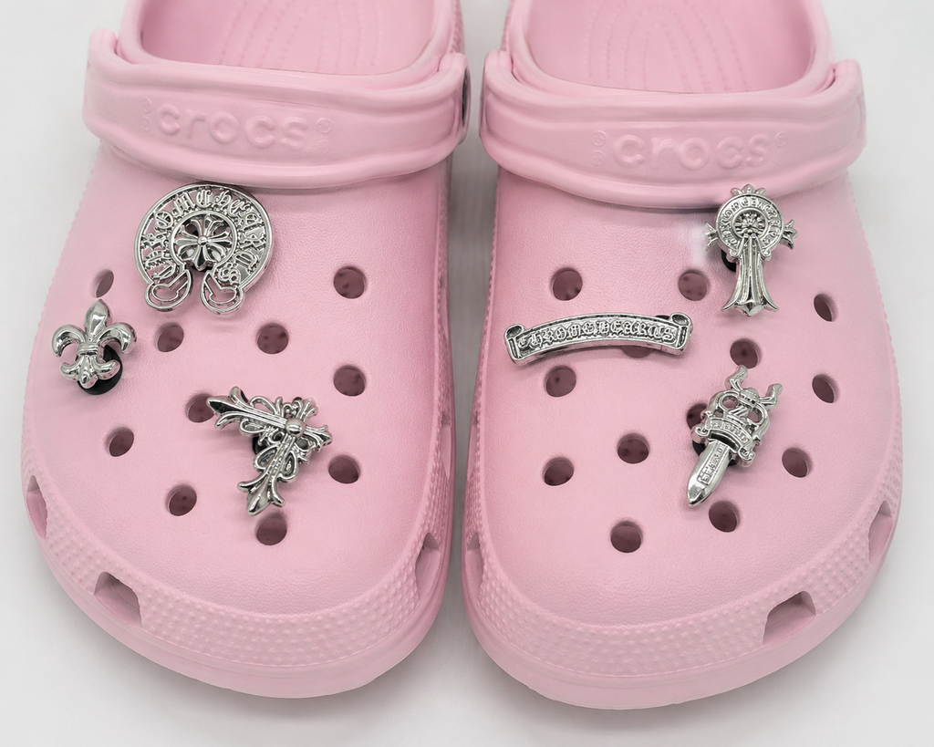 6 PCS Gothic Chrome Metal Crocs Charms Set – Premium Silver Cross, Dagger & Fleur Shoe Accessories