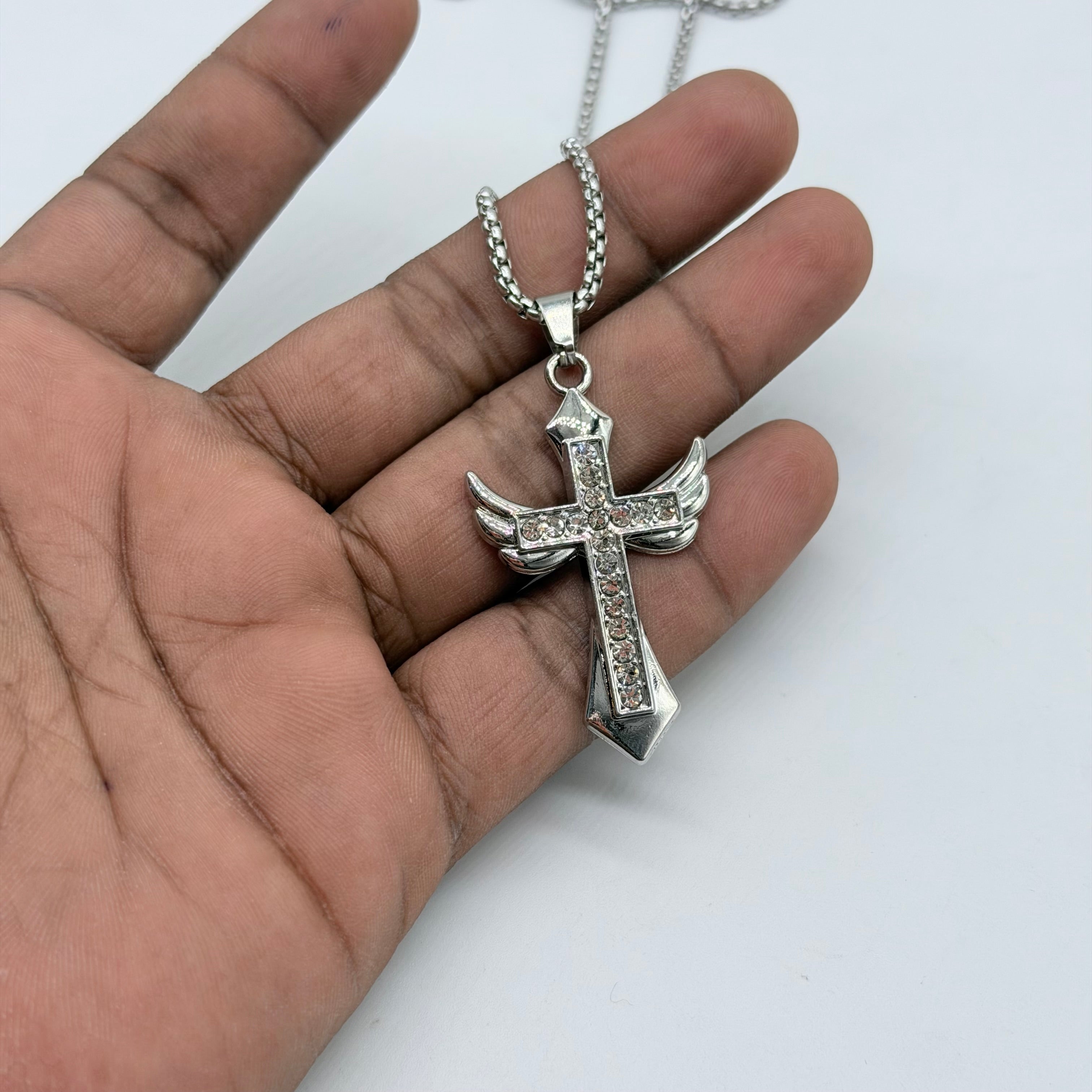 Iced Winged Cross Pendant Necklace – Crystal Angel Cross Chain