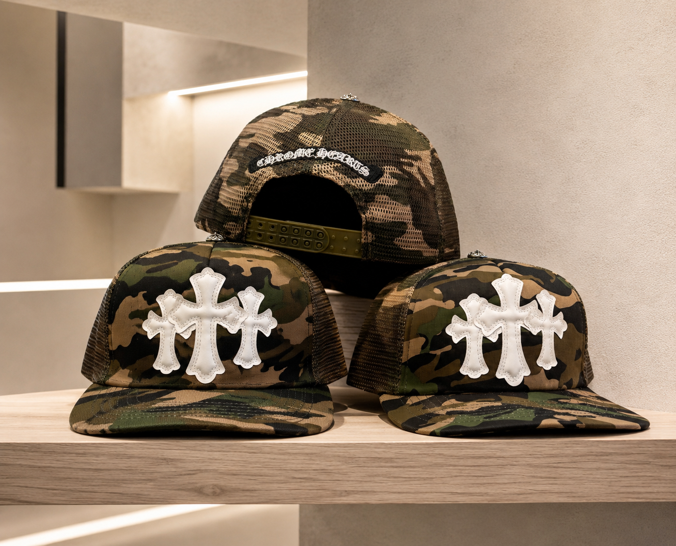 Camo Trucker Snapback Cap with White Cross Embroidery | Premium Streetwear Adjustable Hat