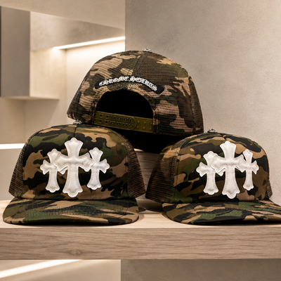 Camo Trucker Snapback Cap with White Cross Embroidery | Premium Streetwear Adjustable Hat