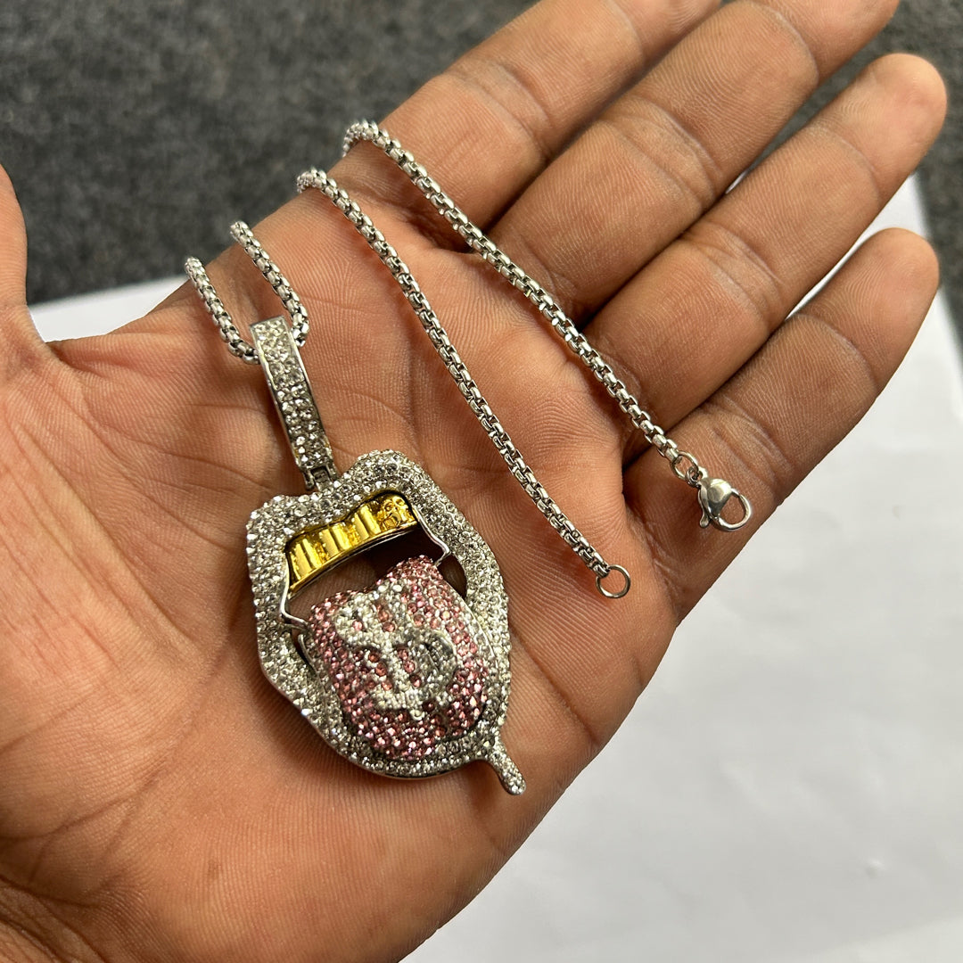 Iced out cubic zirconia Doller tongue pendant with stainless steel chain