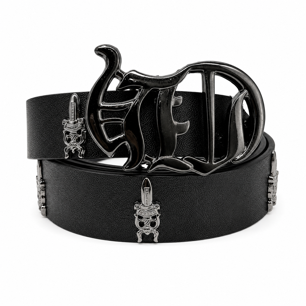 Black - Fleur Shield Buckle Belt 100% Pure Leather