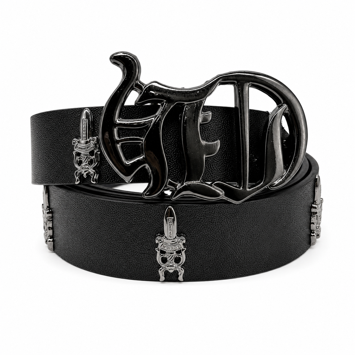 Black - Fleur Shield Buckle Belt 100% Pure Leather