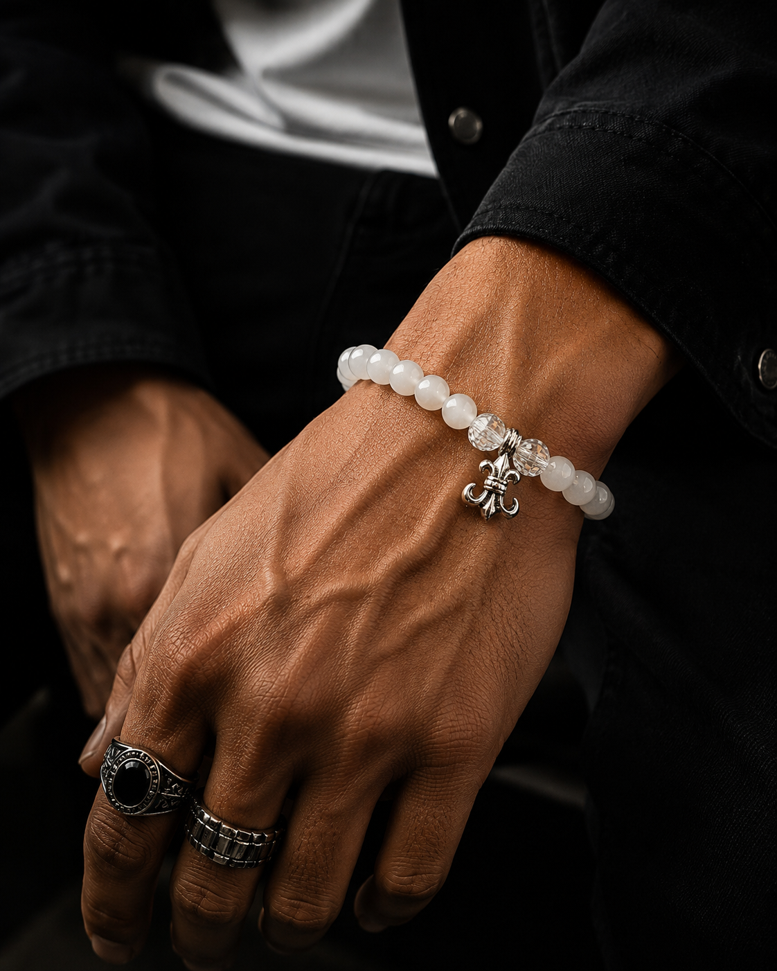 Men’s White Beaded Bracelet with Fleur-de-Lis Charm | Fashion Jewelry