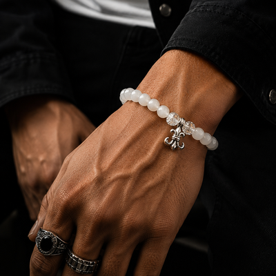 Men’s White Beaded Bracelet with Fleur-de-Lis Charm | Fashion Jewelry