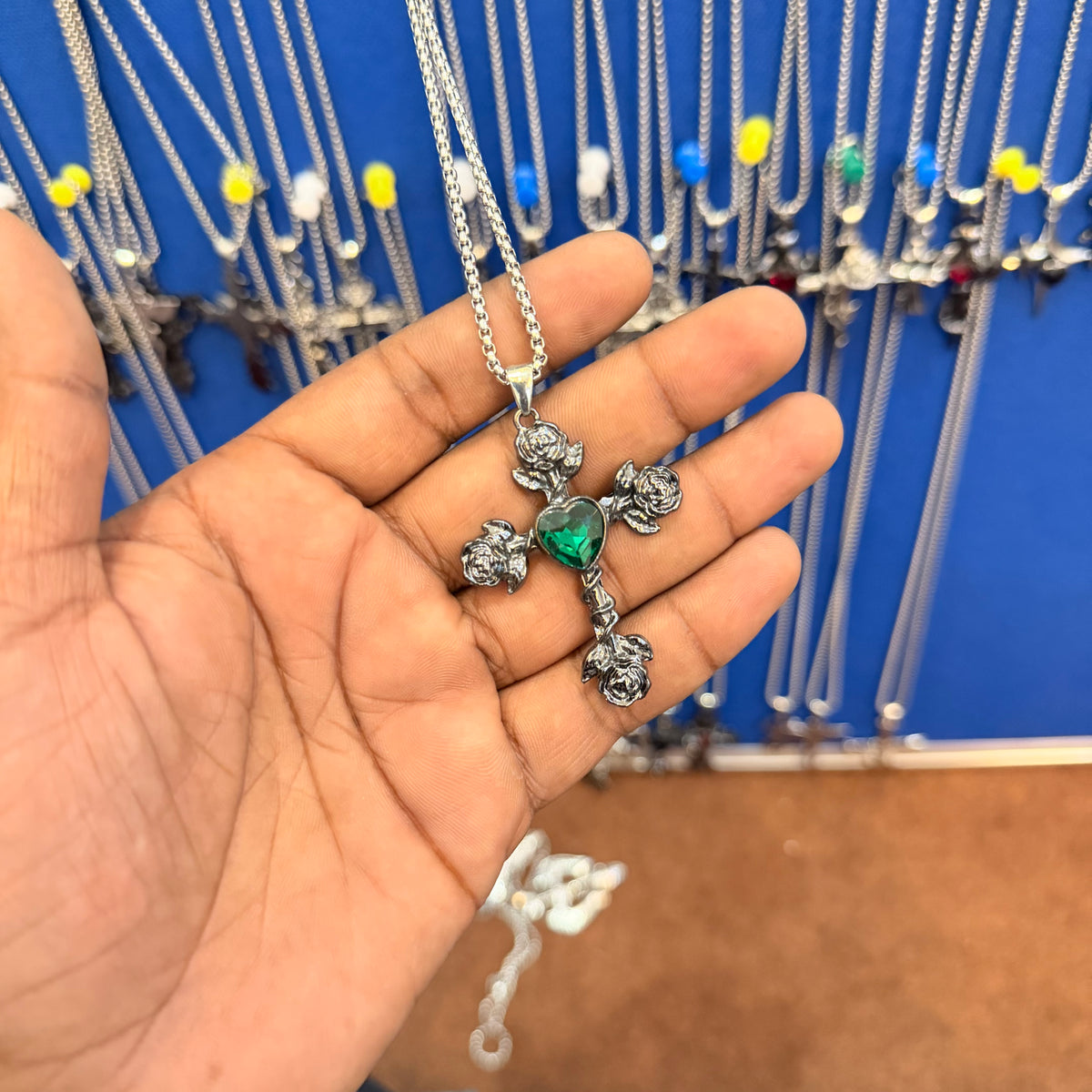 6 piece- black flower cross green heart stone pendant with chain