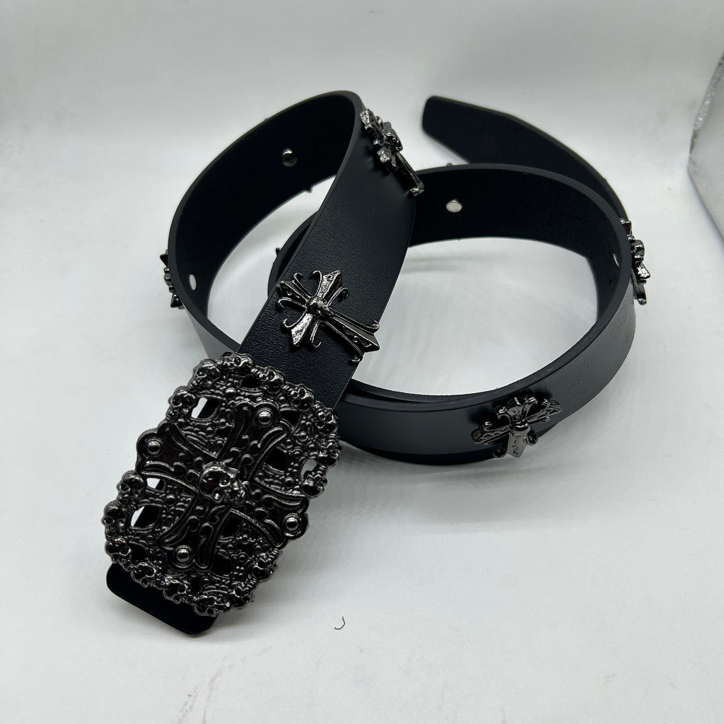 Premium Black Gothic Skull Cross Buckle Leather Belt for Men & Women