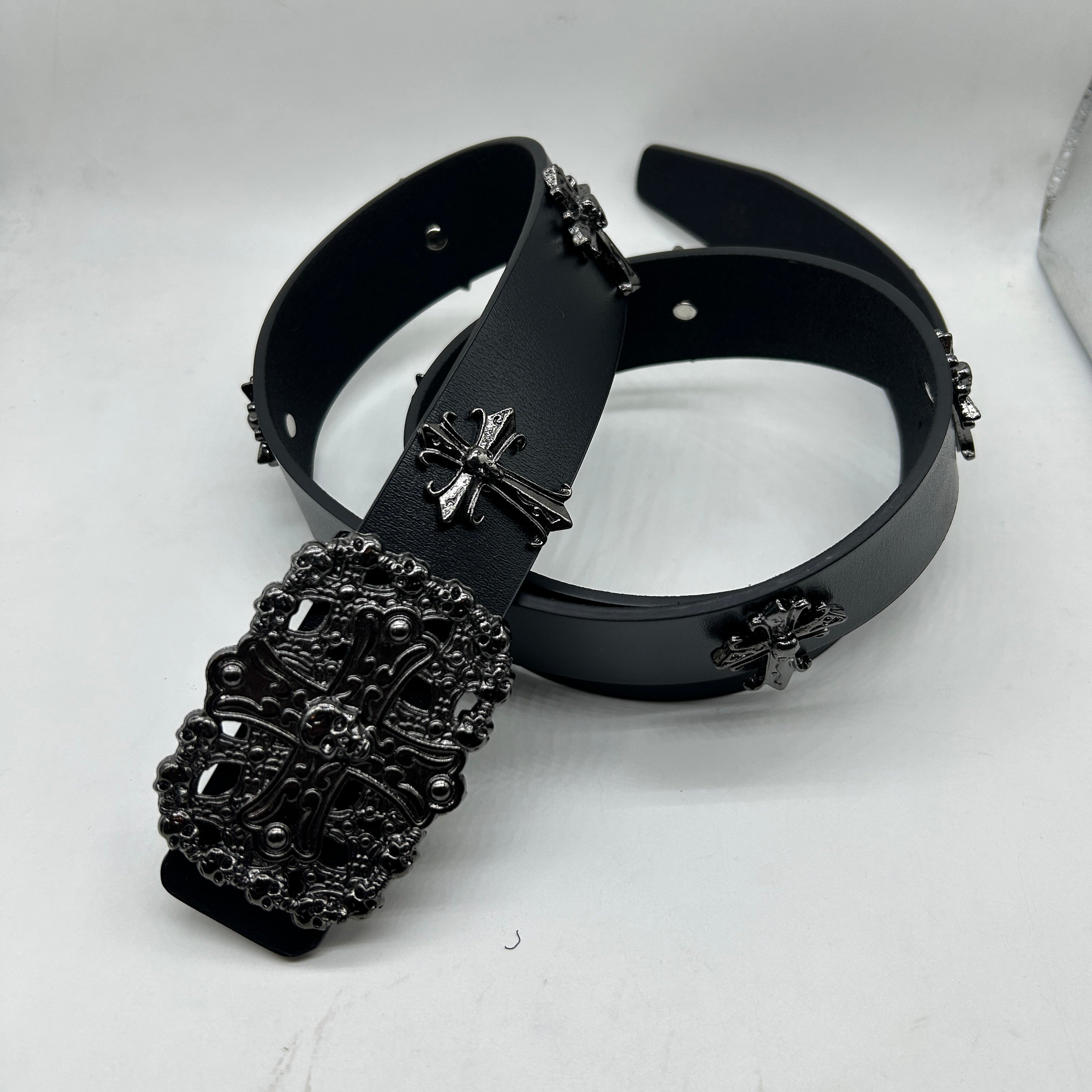 Premium Black Gothic Skull Cross Buckle Leather Belt for Men & Women