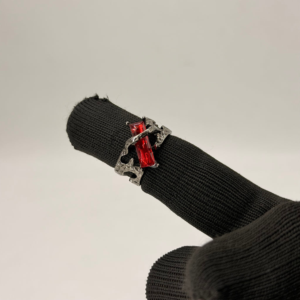 Gothic Crystal Bar Stone Statement Ring – Silver Finish | Red