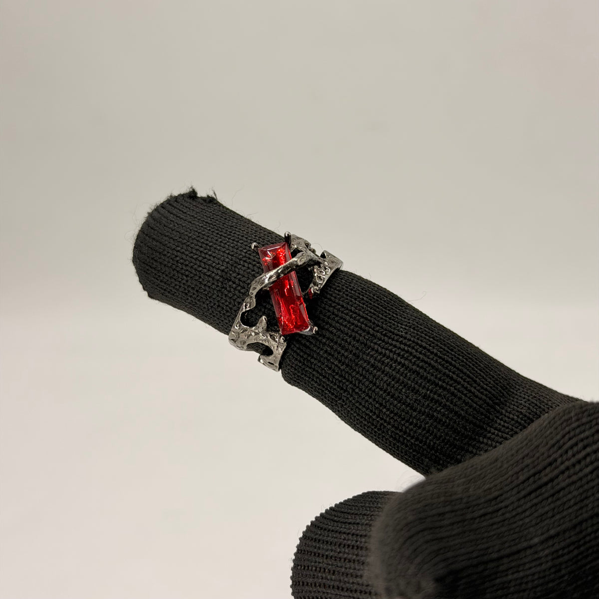 Gothic Crystal Bar Stone Statement Ring – Silver Finish | Red