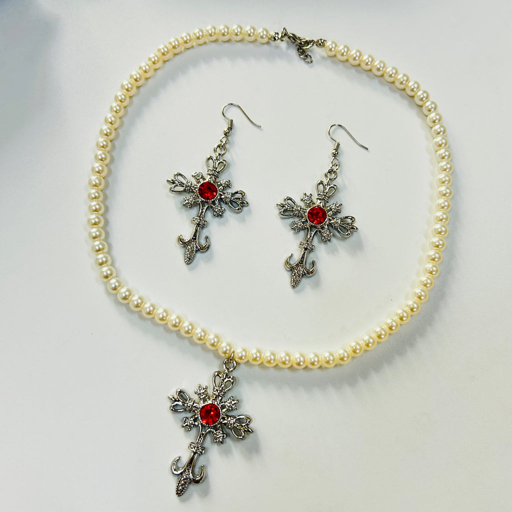 silver plated Red stone cross necklace and earrings set