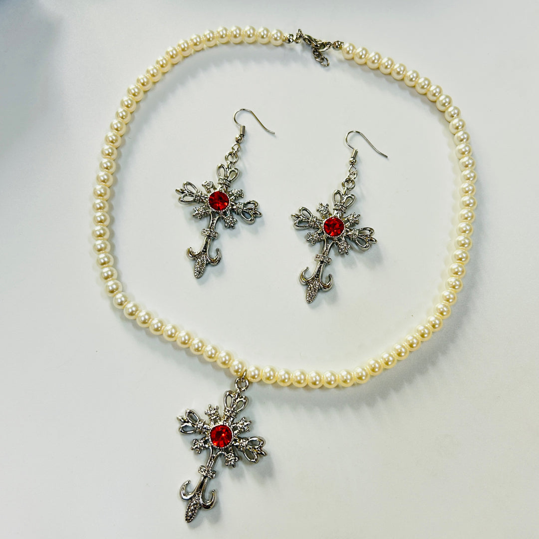silver plated Red stone cross necklace and earrings set