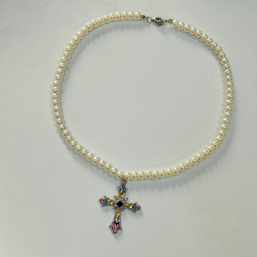 trending pink blue cross pendant with Pearl necklace