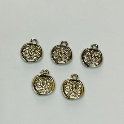 Round heart silver charms 5 pcs