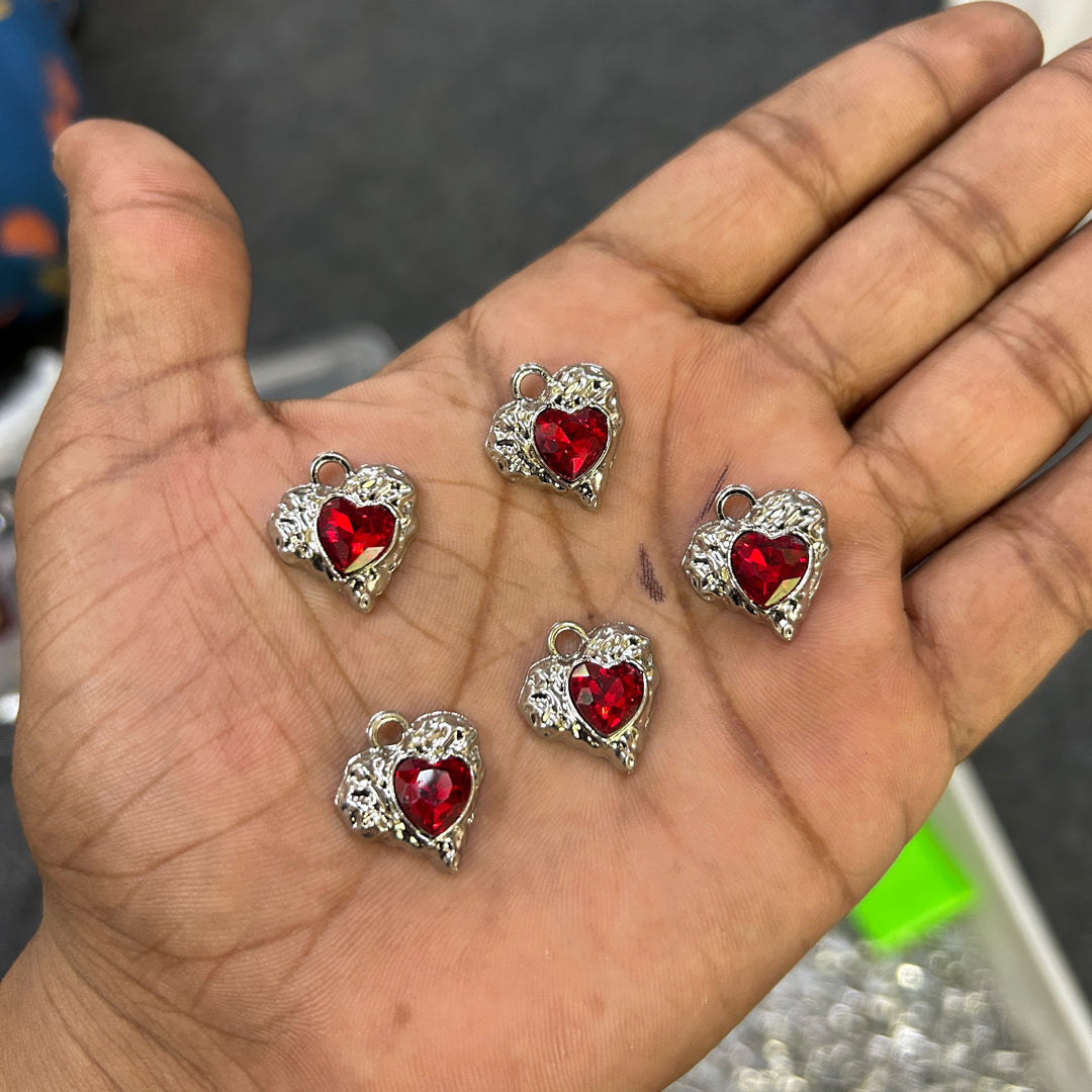 5 pcs red heart silver charms
