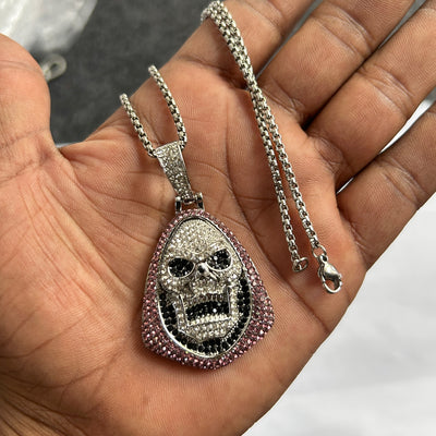 Iced out cubic zirconia ghost pendant with stainless steel chain