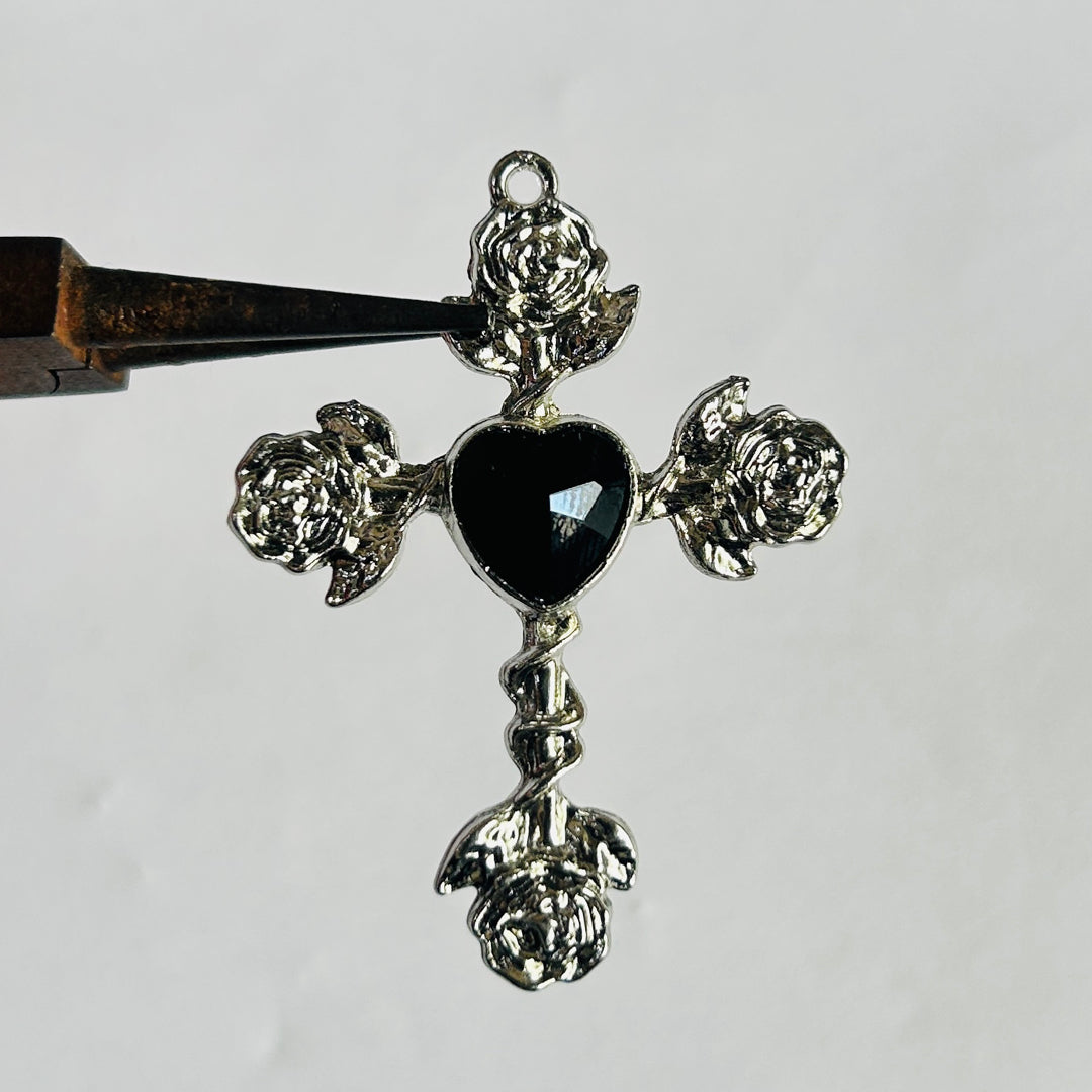 Silver black heart rose cross
