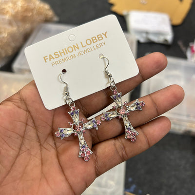 pink cross earrings set