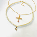 pearl chain cross and heart necklace set of 2