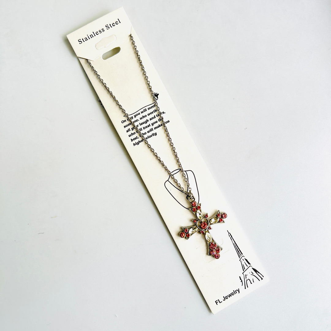 pink cross pendant with chain