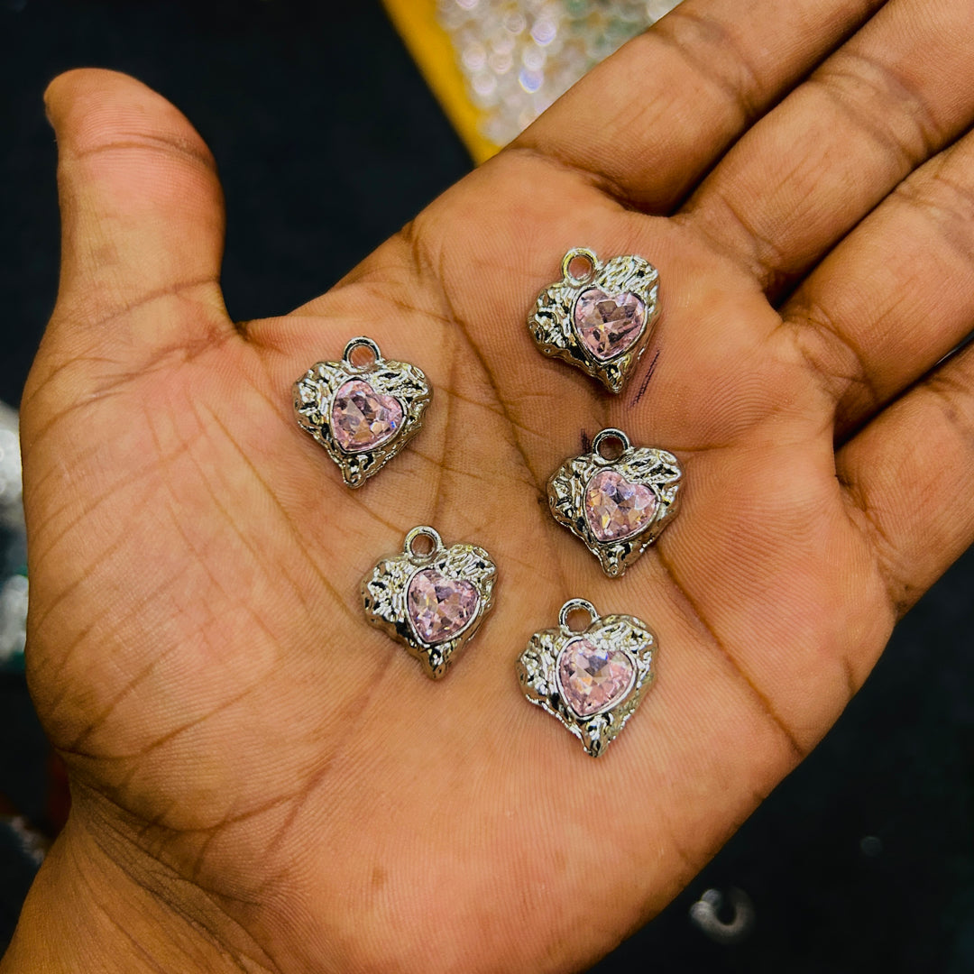 5 pcs silver pink heart charm