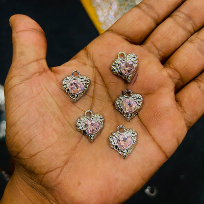 5 pcs silver pink heart charm