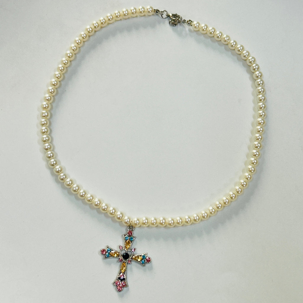 trending pink blue cross pendant with Pearl necklace