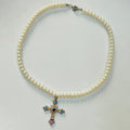 trending pink blue cross pendant with Pearl necklace