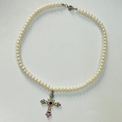 trending pink blue cross pendant with Pearl necklace