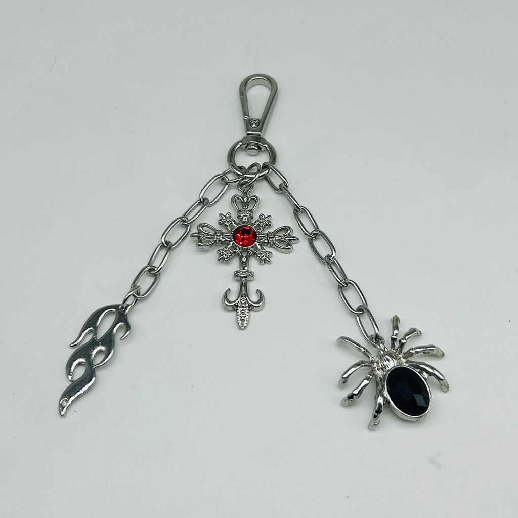 flame / red stone cross / spider key chain